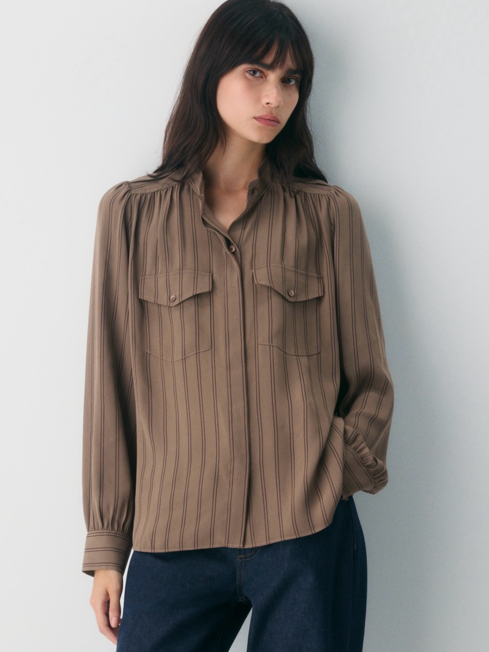 Aritzia Wilfred Overture Blouse M Brown Stripes Career Classic Fall Modern